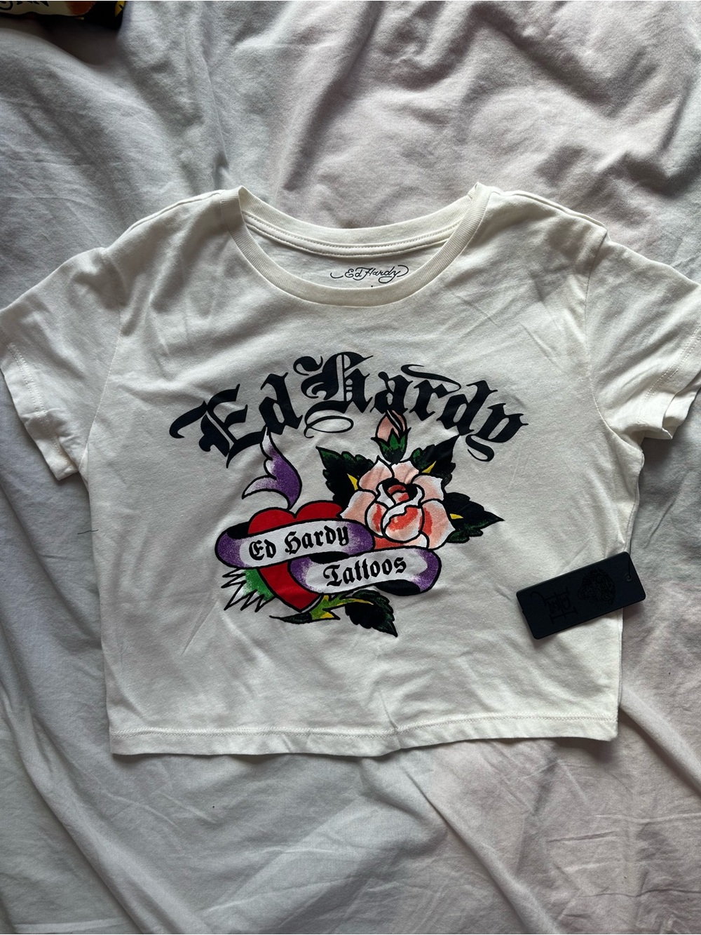 Ed Hardy Y2K Tattoo Graphic Baby Tee Heart Rose White Crop Top Size L